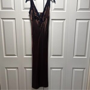 Wild Fable Brown Satin Maxi Dress with Lace